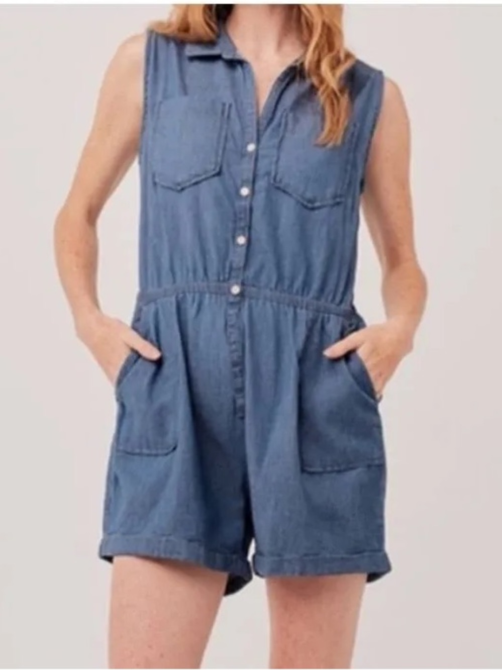 Pact Sleeveless Denim Romper in Blue